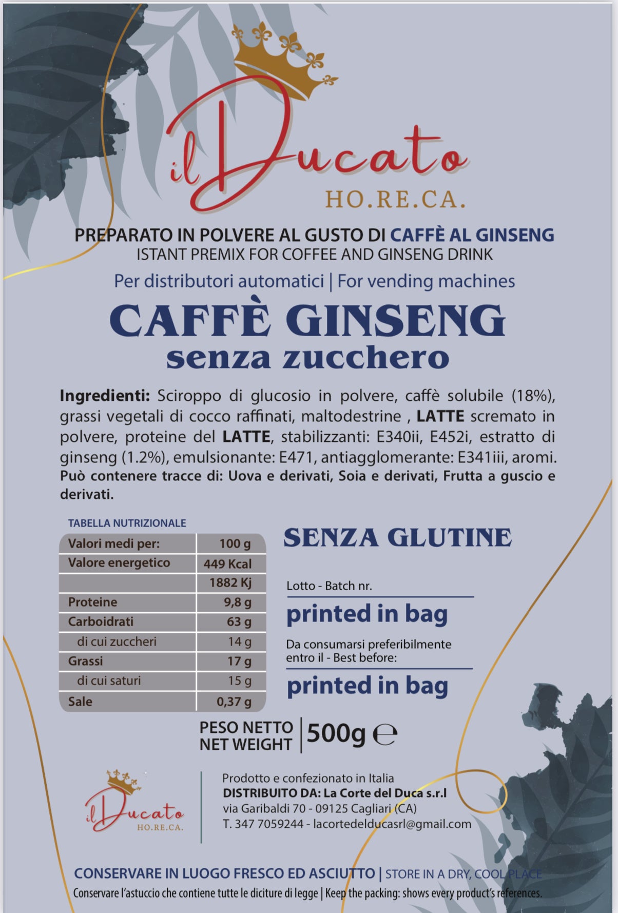 Preparato in polvere al gusto di caffè al Ginseng (Senza zucchero) - 500g crt da 20 buste