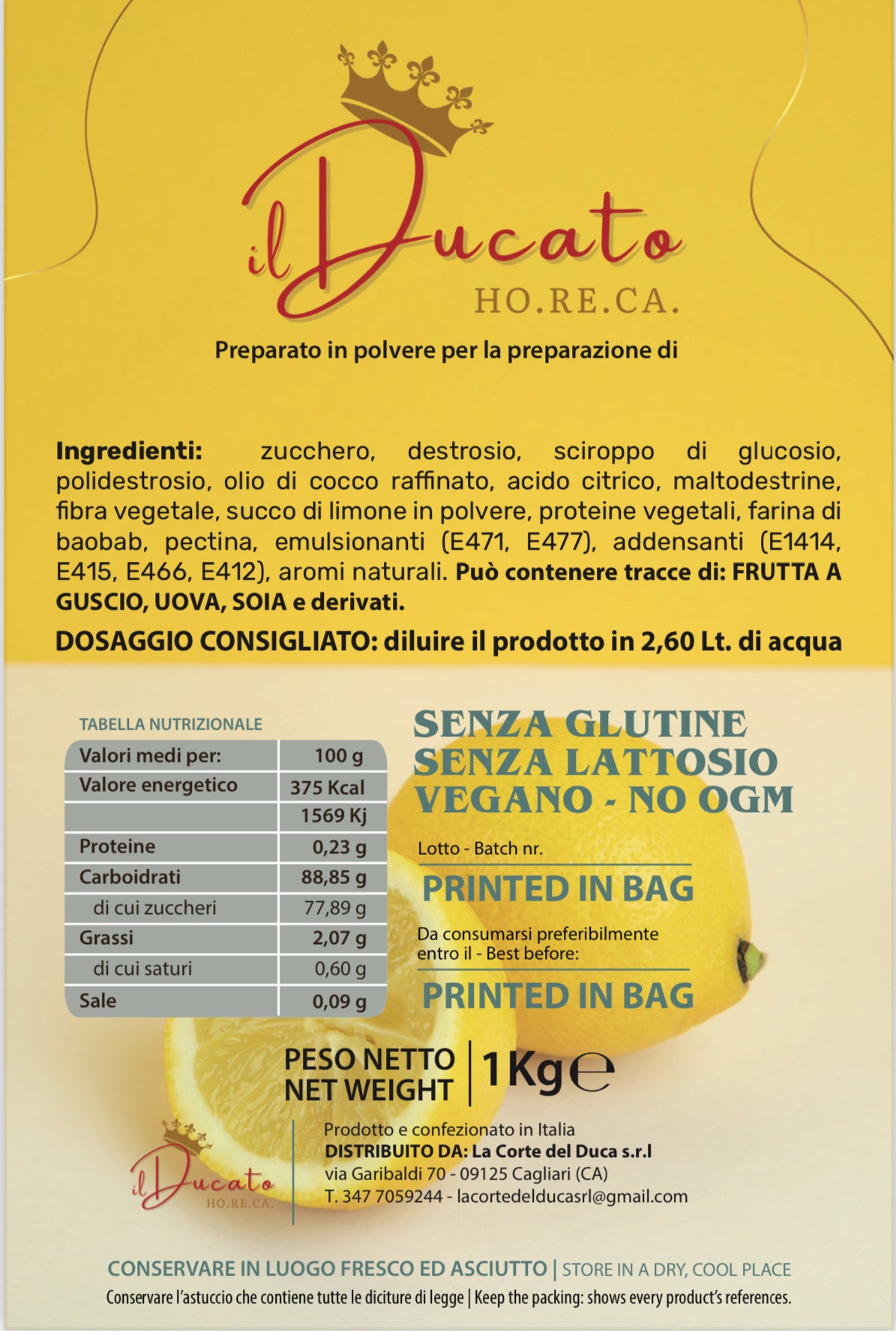 Sorbetto al limone - Preparato in polvere 1KG - crt da 20buste